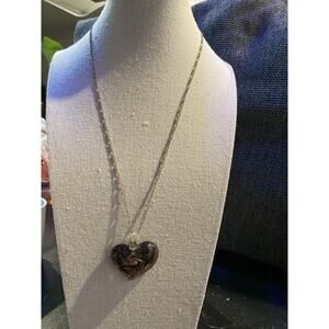 Handmade Murano-Style Glass Heart Pendant Necklace with Gold Aventurine Swirl